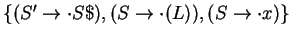 \({}\qquad\ensuremath{\mbox{\bf goto}(1,S)=4}\quad \ensuremath{\mbox{\bf goto}(1,()=3}\quad, \ensuremath{\mbox{\bf goto}(1,x)=2}\quad\)